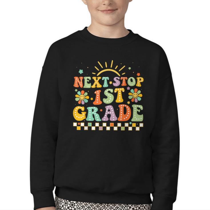 Next Stop 1st Grade Groovy Retro First Grade Back To School Youth Crewneck Sweatshirt