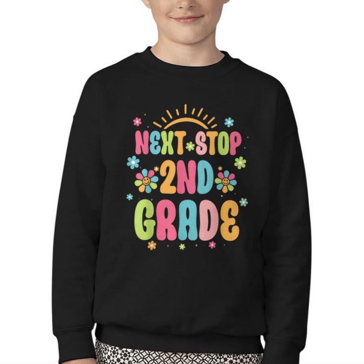 Next Stop 2nd Grade Groovy Retro Second Grade Back To School Youth Crewneck Sweatshirt