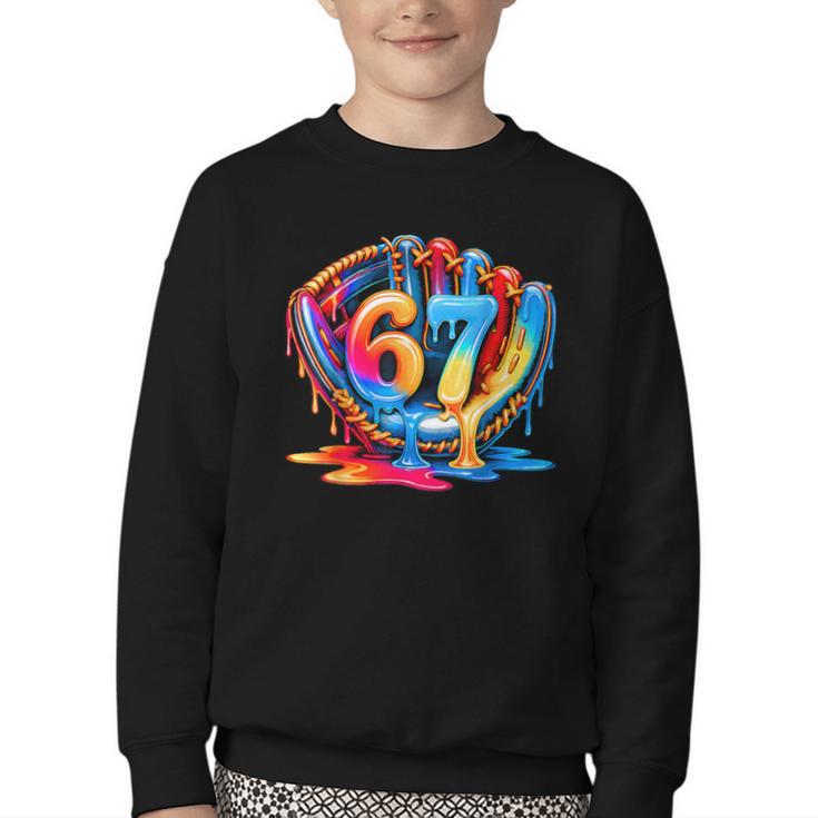Number 67 Baseball Glove Ice Cream Drip Six Seven Meme Youth Crewneck Sweatshirt