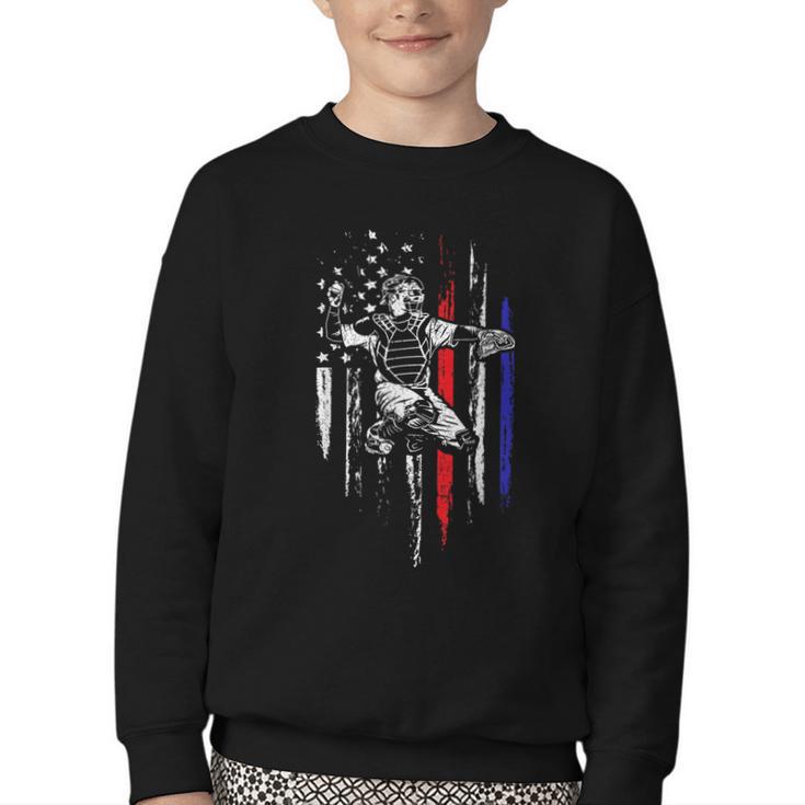 Patriotic Baseball Catcher American Flag Sports Tee Youth Crewneck Sweatshirt