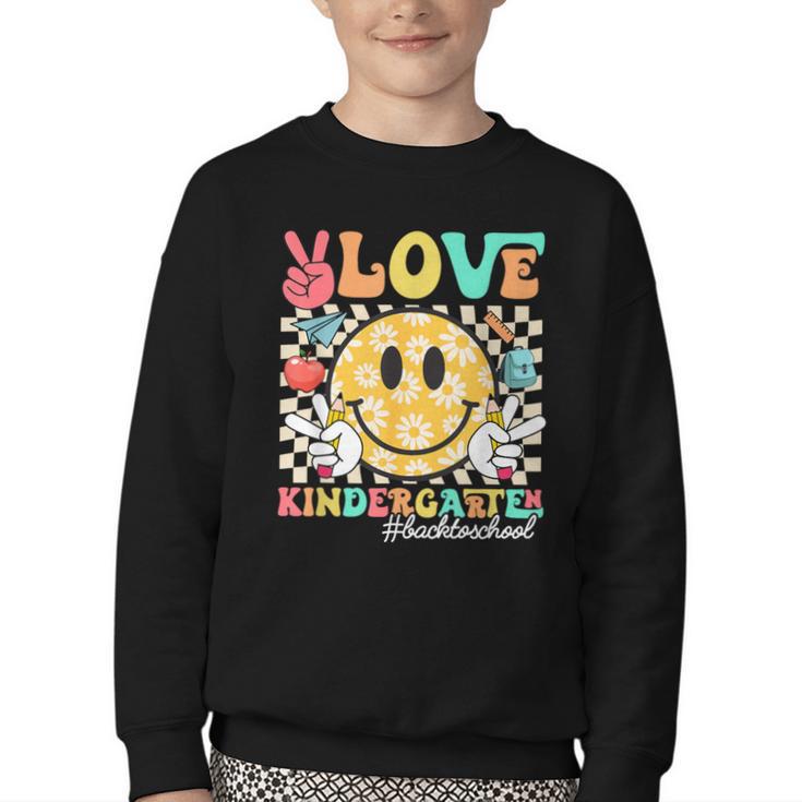 Peace Love Kindergarten Smile Face Back To School Girls Kids Youth Crewneck Sweatshirt
