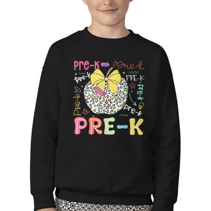 Pre-K Typography First Day Back To School Leopard Apple Youth Crewneck Sweatshirt
