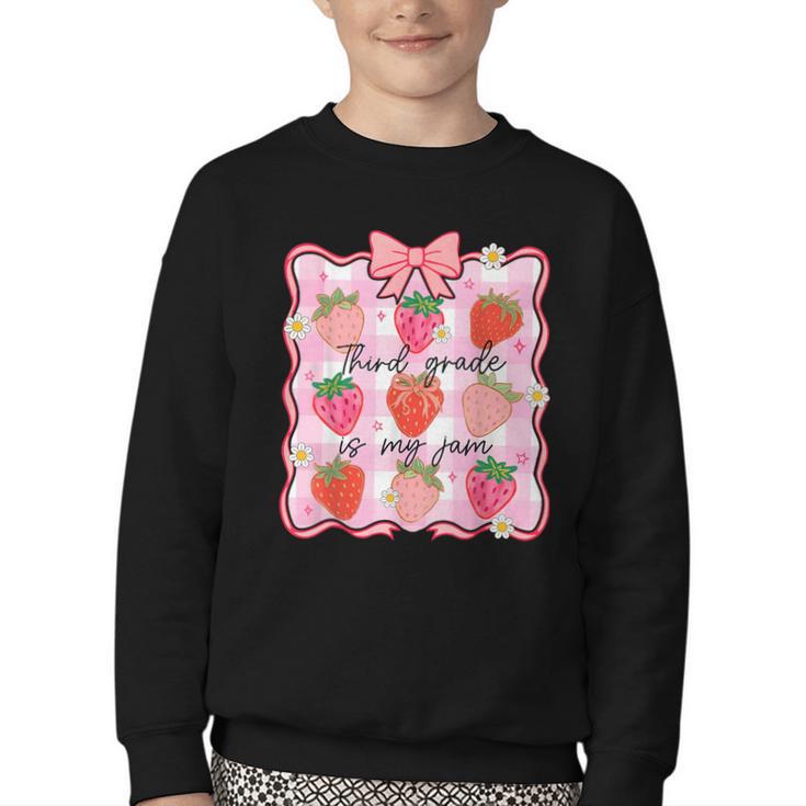 Preppy Back To School 3rd Grade Is My Jam Strawberry Bow Youth Crewneck Sweatshirt Preppy Back To School 3rd Grade Is My Jam Strawberry Bow Youth Crewneck Sweatshirt