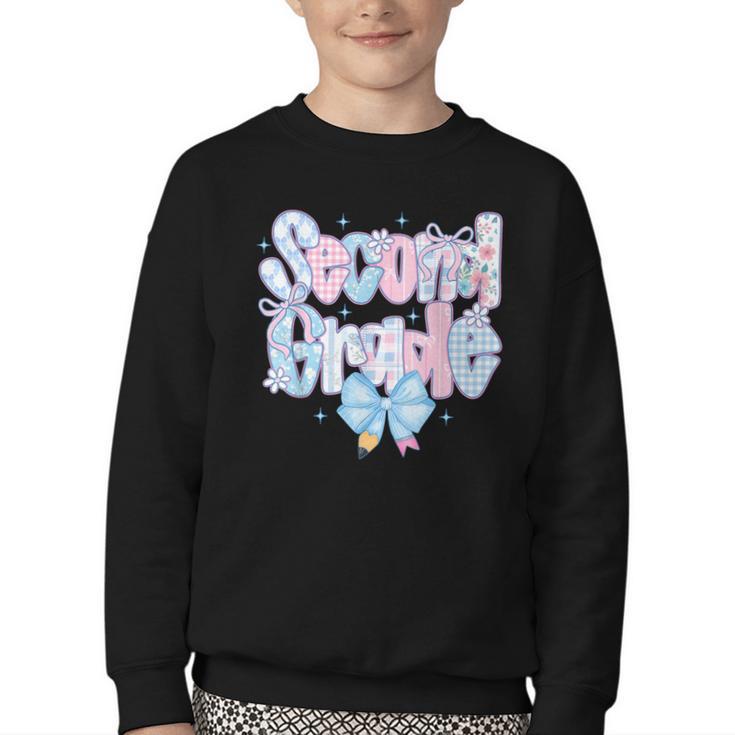Preppy Second Grade First Day Back To School 2nd Grade Bow Youth Crewneck Sweatshirt