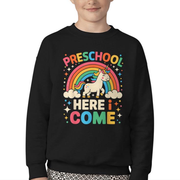 Preschool Here I Come Unicorn Back To School Preschool Girls Youth Crewneck Sweatshirt