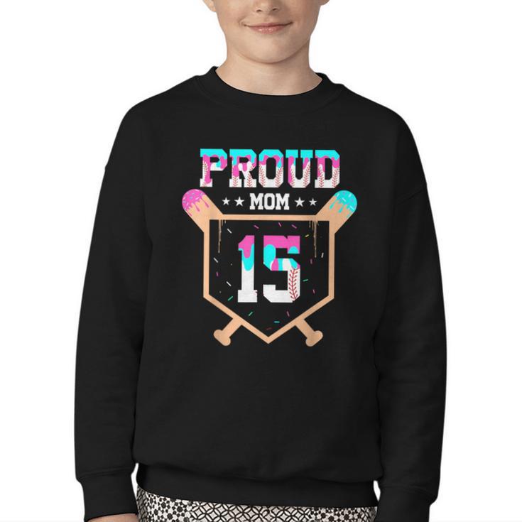 Proud Mom Baseball Player Number 15 Ice Cream Drip Youth Crewneck Sweatshirt