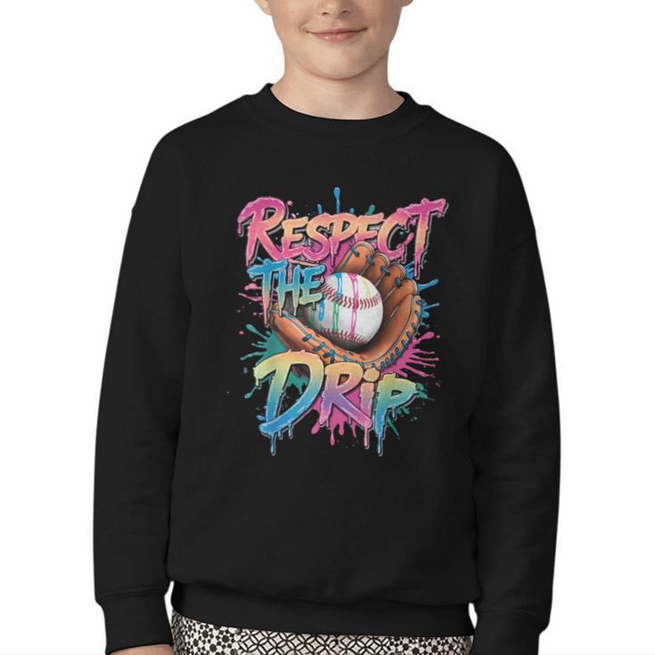 Respect The Drip Baseball Drip Glove Youth Boys Girls Player Youth Crewneck Sweatshirt