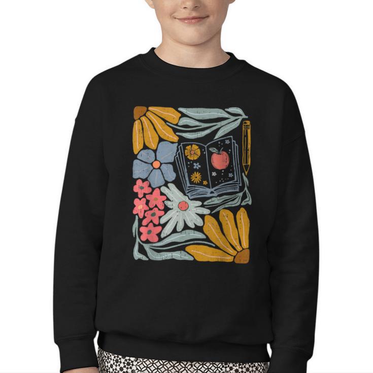 Retro Boho Flower Floral Back To School First Day Of School Youth Crewneck Sweatshirt