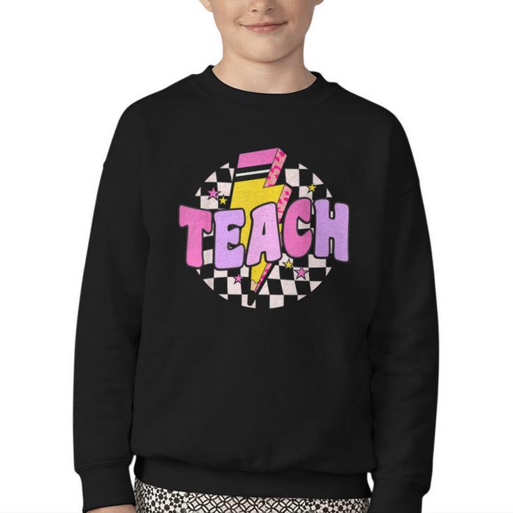 Retro Checkered Teach Pencil Lightning Back To School Youth Crewneck Sweatshirt
