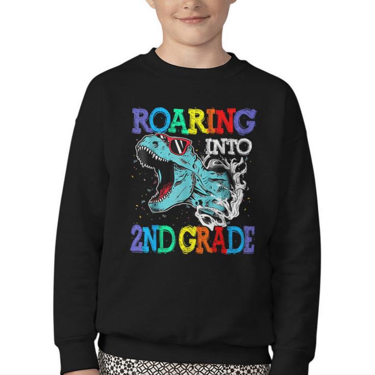 Roaring Into 2Nd Grade Dinosaur T Rex Back To School Youth Crewneck Sweatshirt