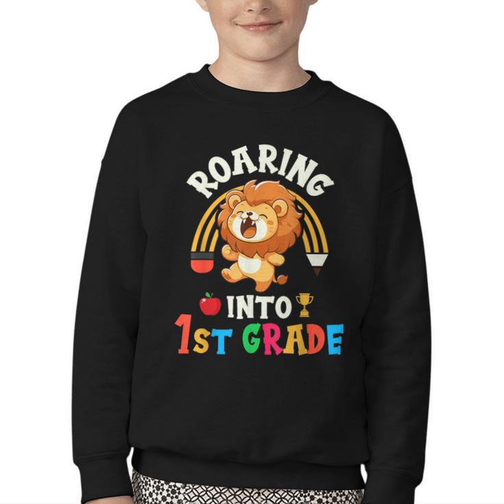 Roaring Into First Grade Lion 1st Grade Back To School Youth Crewneck Sweatshirt