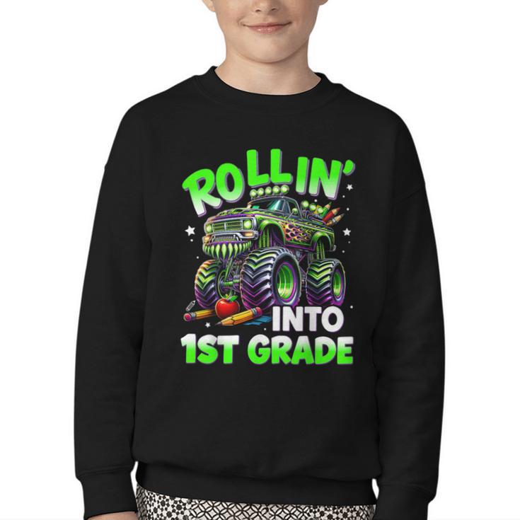 Rollin' Into 1st Grade Monster Truck Back To School Boys Youth Crewneck Sweatshirt