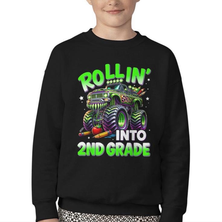 Rollin' Into 2nd Grade Monster Truck Back To School Boys Youth Crewneck Sweatshirt