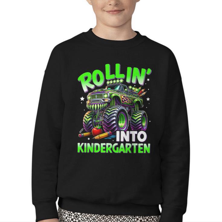 Rollin' Into Kindergarten Monster Truck Back To School Boys Youth Crewneck Sweatshirt