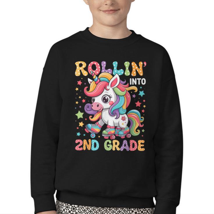 Second Grade Back To School First Day Girls Rollin Unicorn Youth Crewneck Sweatshirt