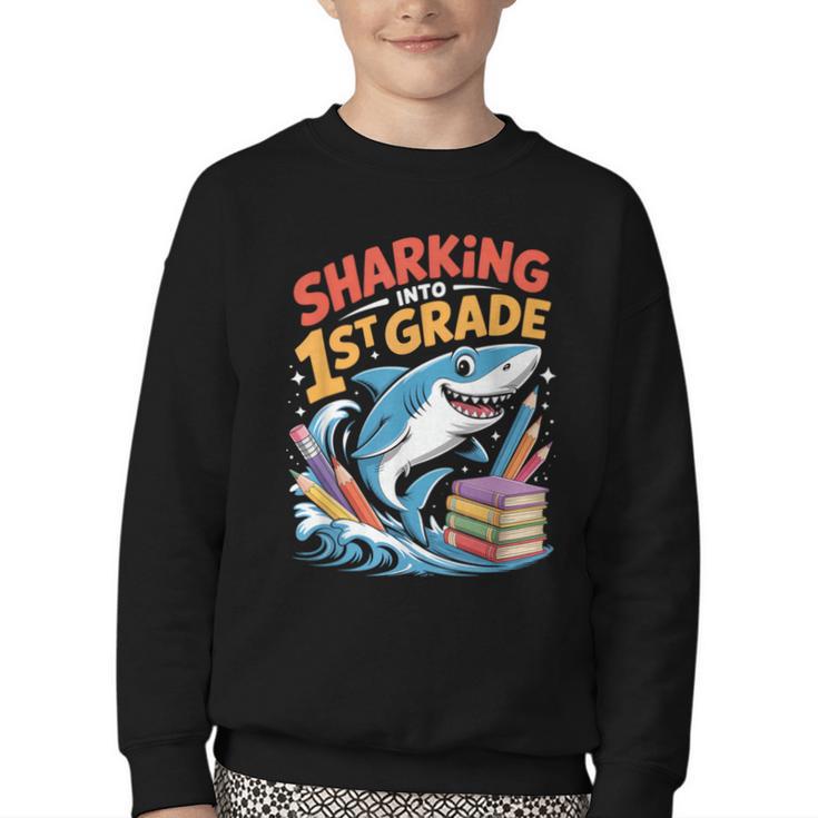 Sharking Into 1st Grade Back To School Shark Youth Crewneck Sweatshirt