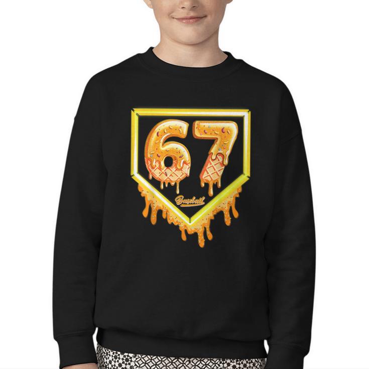 Six Seven 67 Meme Gen Alpha Slang Baseball 101 Youth Crewneck Sweatshirt