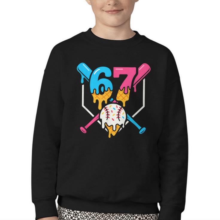 Six Seven Baseball Ice Cream Drip Cool 67 Gen Alpha Slang Youth Crewneck Sweatshirt