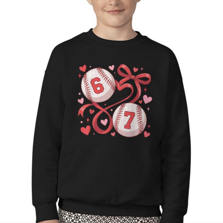 Six Seven Baseball Lover Sports Red Heart Bow Valentine Girl Youth Crewneck Sweatshirt