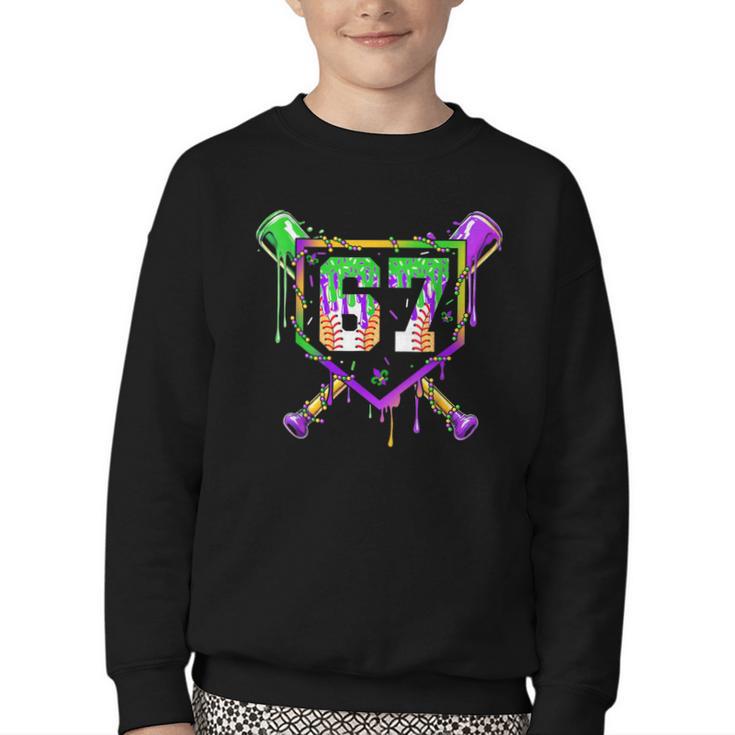 Six Seven Mardi Gras Baseball Sports Party Youth Crewneck Sweatshirt