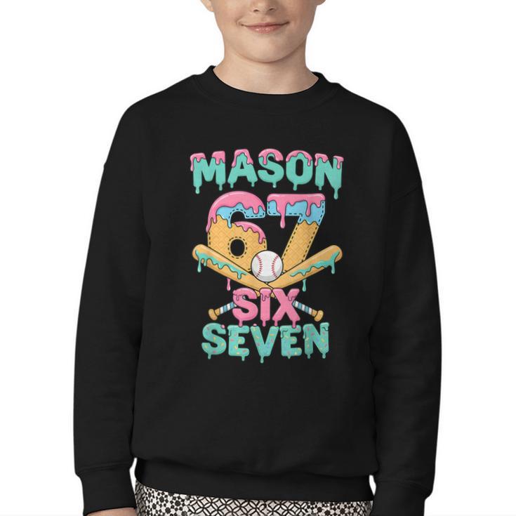 Six Seven Meme Mason Ice Cream Drip Baseball Number 67 Youth Crewneck Sweatshirt