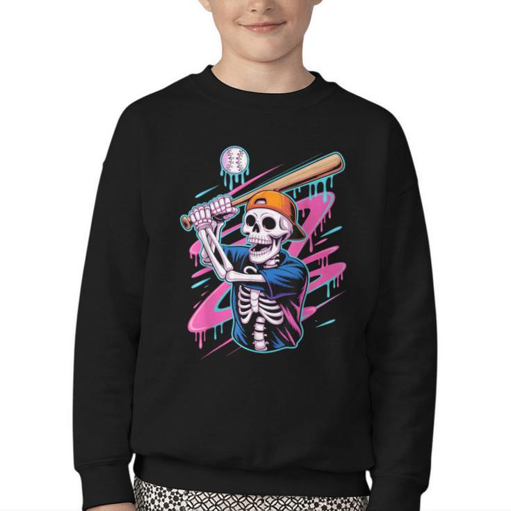 Skeleton Baseball Drip Boy Youth Dripping Baseball Halloween Youth Crewneck Sweatshirt
