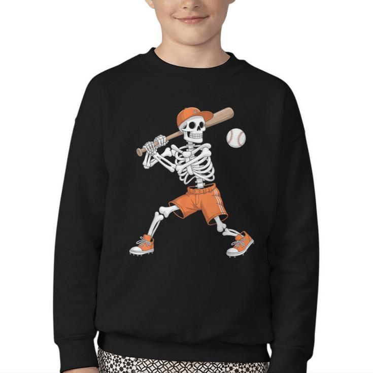 Skeleton Batting Baseball Halloween Youth Crewneck Sweatshirt