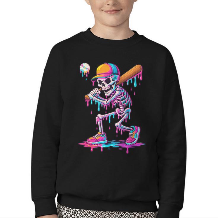 Skelton Playing Baseball Halloween Baseball Drip Boys Kids Youth Crewneck Sweatshirt