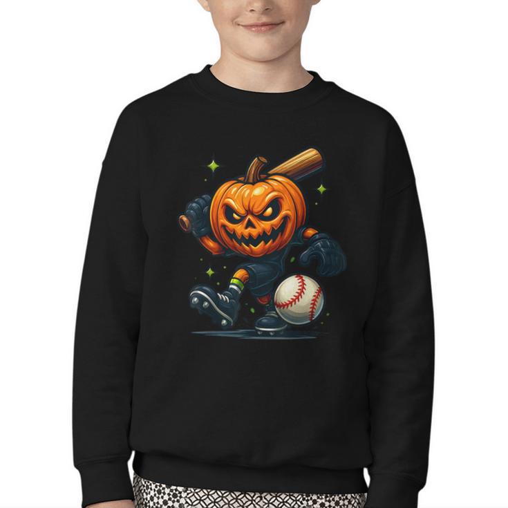 Spooky Halloween Scary Pumpkin Baseball Player Witchy Vibes Youth Crewneck Sweatshirt