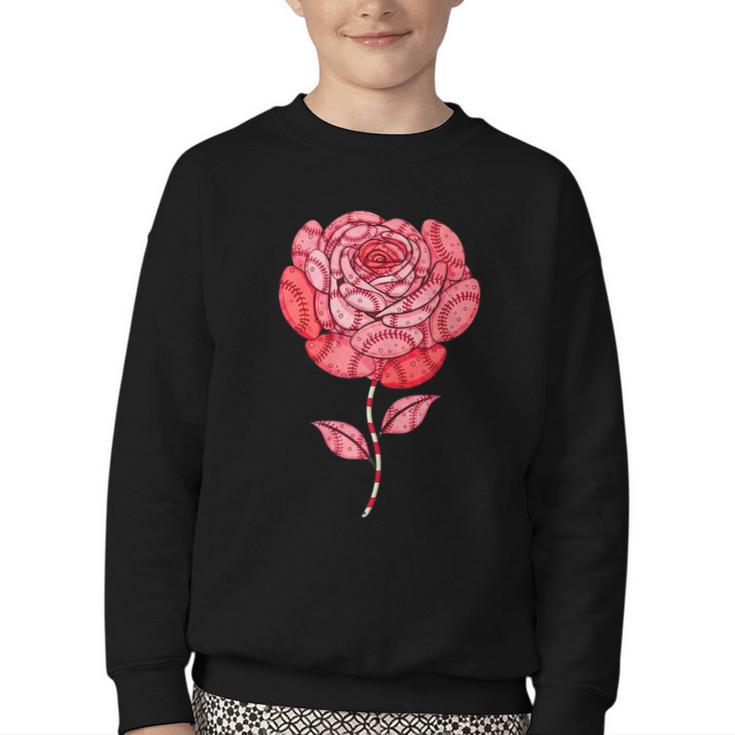 Sporty Rose Graphic With Baseball And Rugby Ball Petals Youth Crewneck Sweatshirt