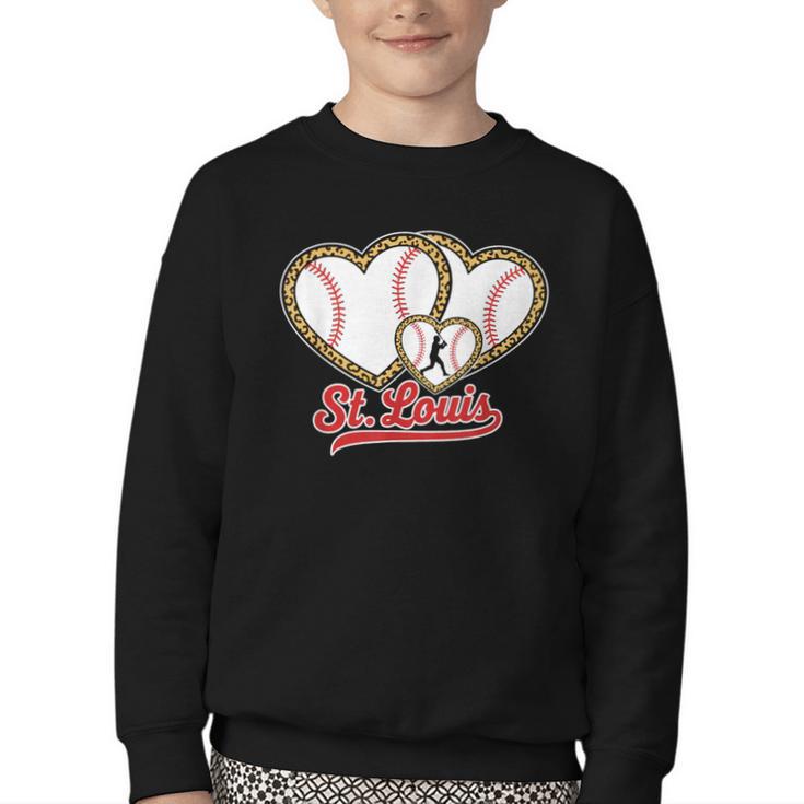 St Louis Leopard Heart Baseball Batter Boys Fan Youth Crewneck Sweatshirt