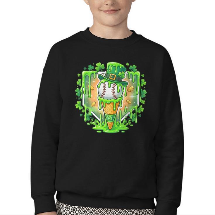 St Patrick Day Baseball Drip Ice Cream Baseball Home Plate Youth Crewneck Sweatshirt