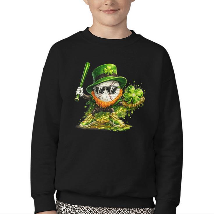 St Patrick’s Day Baseball Shamrock Player Youth Crewneck Sweatshirt