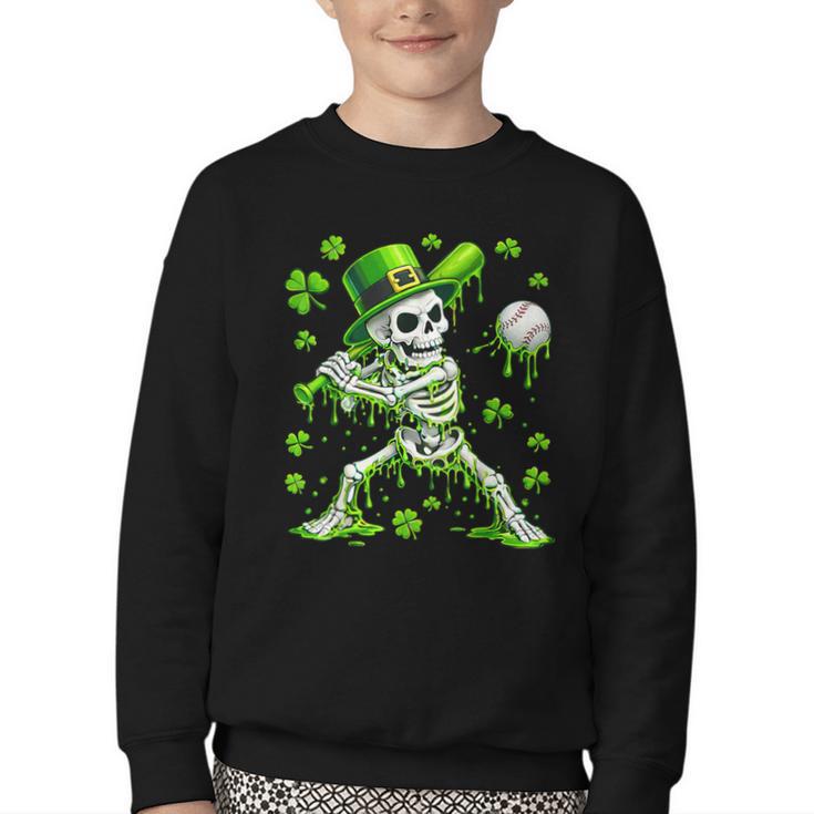 St Patricks Day Baseball Skeleton Irish Leprechaun Hat Boys Youth Crewneck Sweatshirt