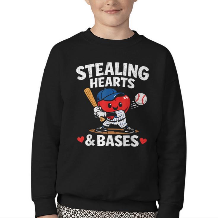 Stealing Hearts & Bases Valentine’s Day Baseball Love Youth Crewneck Sweatshirt