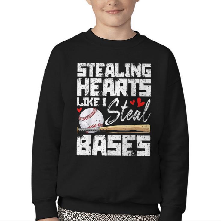 Stealing Hearts Like I Steal Bases Baseball Valentines Youth Crewneck Sweatshirt