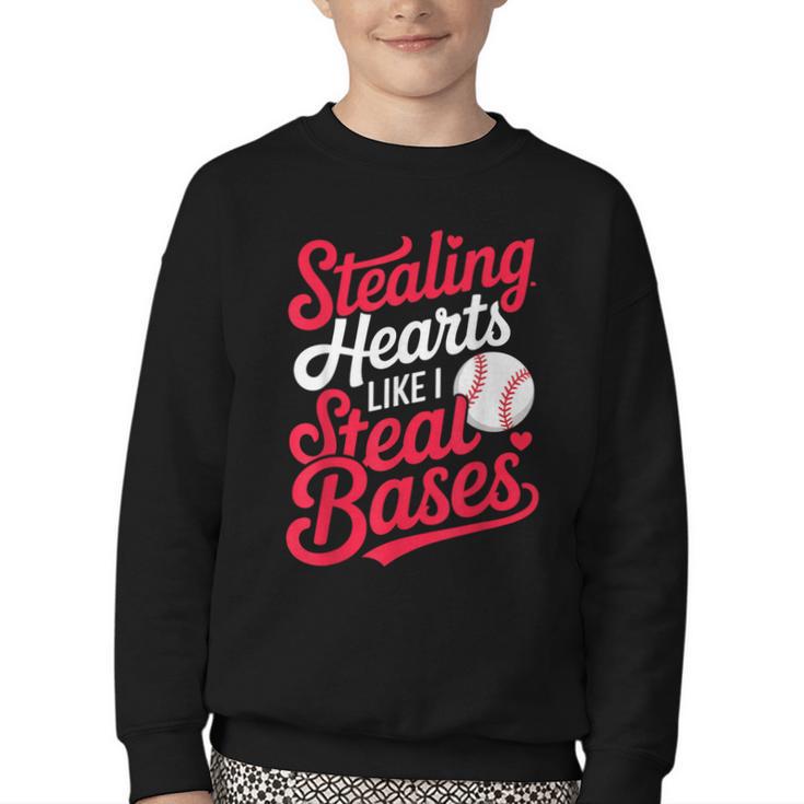 Stealing Hearts Like I Steal Bases Cute Baseball Boys Youth Crewneck Sweatshirt