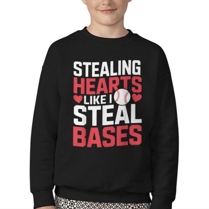 Stealing Hearts Like I Steal Bases Cute Baseball Kids Youth Crewneck Sweatshirt