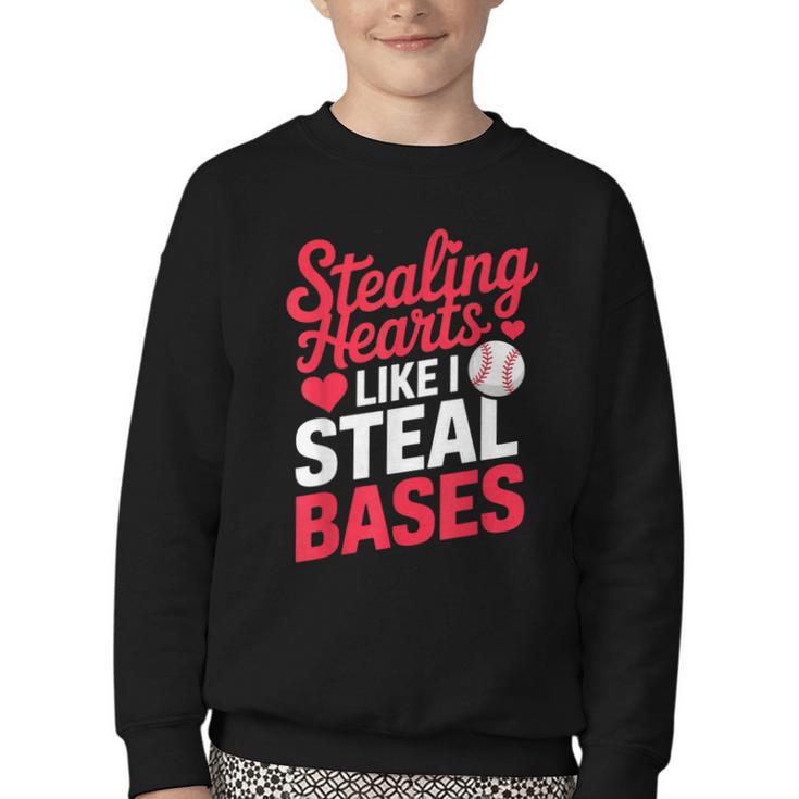 Stealing Hearts Like I Steal Bases Cute Baseball Valentine Youth Crewneck Sweatshirt