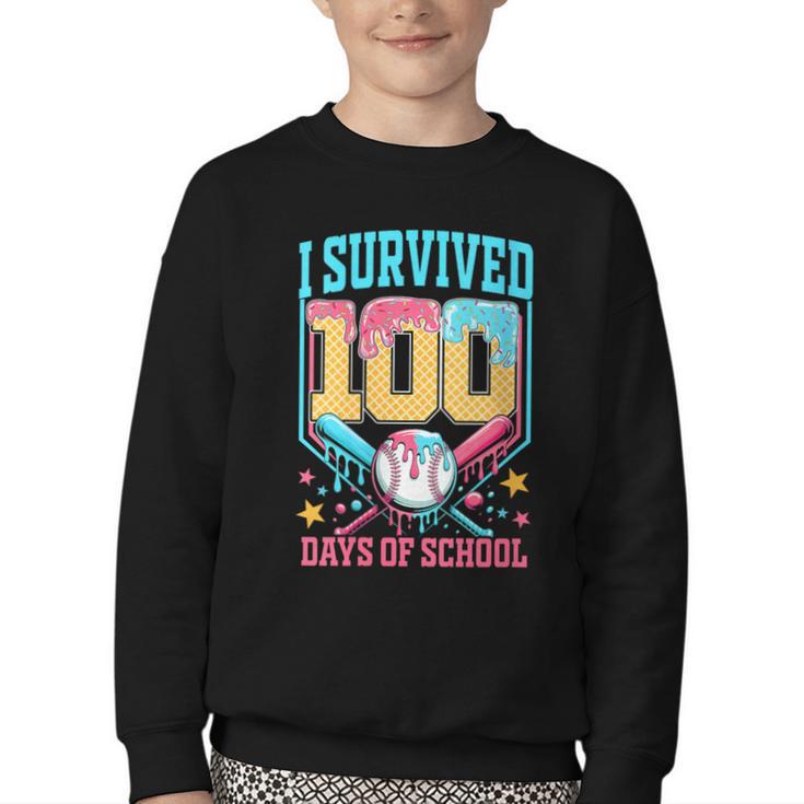 I Survived 100 Days Of School Baseball Drip Students Teacher Youth Crewneck Sweatshirt