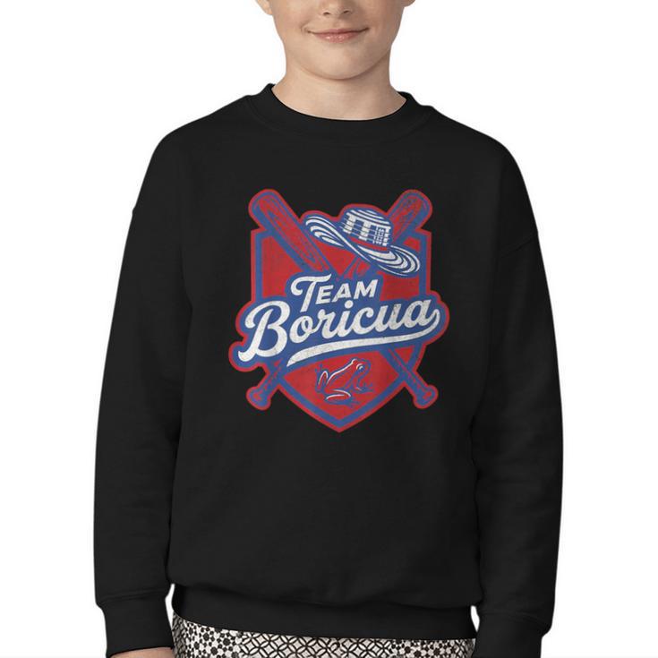 Team Boricua Puerto Rico Baseball Coqui Frog Pava Hat Fan Youth Crewneck Sweatshirt