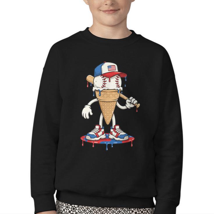 USA Patriotic Baseball Ice Cream Cone Freedom Youth Crewneck Sweatshirt