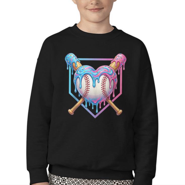 Valentines Baseball Heart Dripping Ice Cream Gen Z Alpha Youth Crewneck Sweatshirt