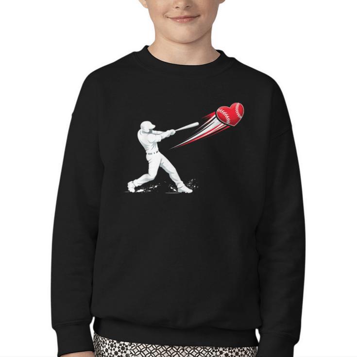 Valentines Day Baseball Batter Silhouette Heart Youth Crewneck Sweatshirt