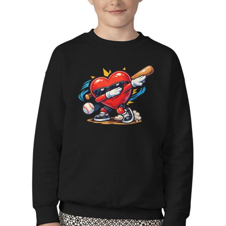 Valentines Day Baseball Dabbing Red Heart Love Boys Youth Crewneck Sweatshirt