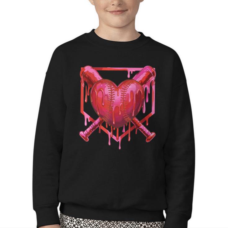 Valentines Day Baseball Red Heart Dab Boys Girls Kids Youth Crewneck Sweatshirt