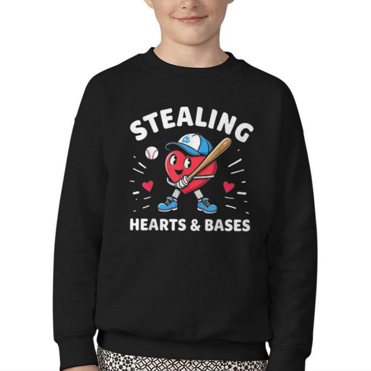 Valentines Day Baseball Stealing Hearts Bases Boys Kids Men Youth Crewneck Sweatshirt