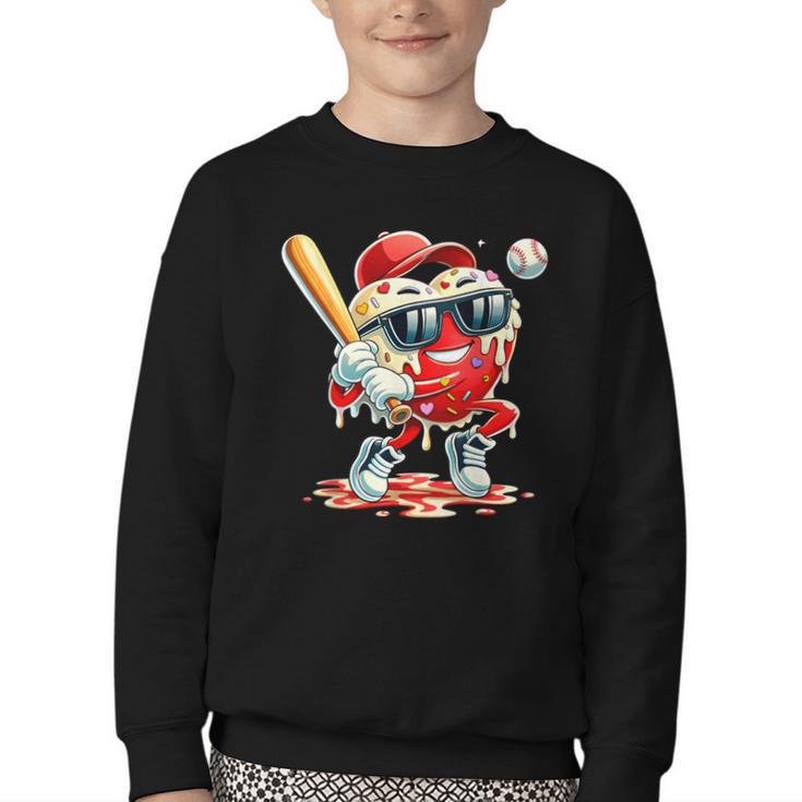 Valentines Day Heart Baseball Drip Ice Cream Boys Kids Men Youth Crewneck Sweatshirt