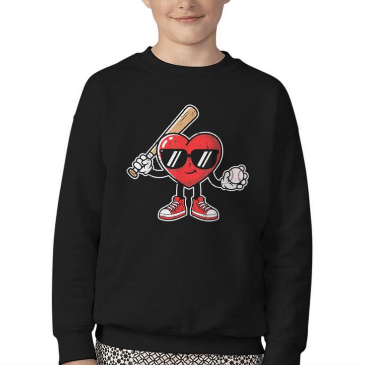 Valentines Day Heart Baseball Player Sports Boys Kids Men Youth Crewneck Sweatshirt