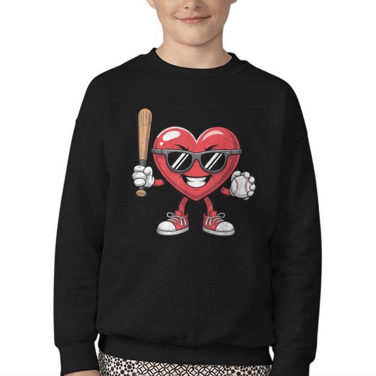 Valentines Day Heart Playing Baseball Boys Men Kids Girls Youth Crewneck Sweatshirt